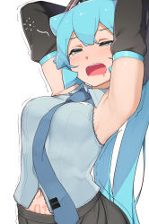 Rule 34 | 1girl, abmayo, armpits, arms up, breasts, commentary, detached sleeves, drooling, hair ornament, half-closed eyes, hatsune miku, highres, long hair, medium breasts, mouth drool, navel, necktie, open mouth, pubic tattoo, shirt, skirt, solo, tattoo, twintails, very long hair, vocaloid, yawning