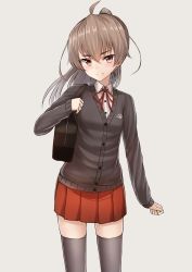 Rule 34 | 1girl, ahoge, bag, black thighhighs, blush, brown eyes, cardigan, collared shirt, hammer and sickle, highres, light brown hair, long hair, looking at viewer, original, pleated skirt, ponytail, red skirt, ribbon, school bag, school uniform, shirt, simple background, skirt, sleeves past wrists, smile, solo, thighhighs, yakob labo, zettai ryouiki