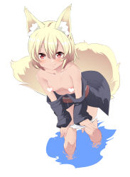 Rule 34 | 1girl, animal ear fluff, animal ears, blonde hair, blush, breasts, censored, collarbone, hair between eyes, heart, heart censor, highres, looking at viewer, medium hair, monochrome background, noa (nagareboshi), original, panties, panty pull, red eyes, simple background, small breasts, smile, solo, tail, tail raised, thick eyebrows, underwear, wading, water, white background, white panties