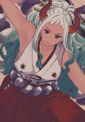 Rule 34 | 1girl, ahoge, arm up, armpits, bare arms, bare shoulders, breasts, cleavage, closed mouth, club, club (weapon), collarbone, curled horns, earrings, green hair, hair ornament, hair stick, hakama, hakama skirt, high ponytail, highres, holding, holding weapon, hoop earrings, horns, japanese clothes, jewelry, kanabou, kataginu, leaning forward, lips, long hair, looking at viewer, multicolored hair, multicolored horns, one piece, oni, orange horns, red eyes, red horns, rope, shimenawa, sideboob, skirt, smile, solo, two-tone hair, very long hair, weapon, white hair, yamato (one piece), zhi (okkyoyo)
