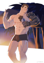 Rule 34 | 1boy, abs, absurdres, bara, black male underwear, boxers, brown hair, bulge, chest tuft, feet out of frame, glasses, highres, index finger raised, large pectorals, looking at viewer, male focus, male underwear, muscular, muscular male, navel, nipples, original, pectorals, prosthesis, prosthetic arm, qwer77kai, short hair, smile, solo, sparse stubble, standing, stomach, thick eyebrows, thick thighs, thighs, topless male, underwear