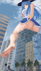 Rule 34 | 1boy, 1girl, absurdres, ass, barefoot, blue hair, blush, breasts, building, city, clothes lift, destruction, from behind, from below, giant, giantess, hat, highres, hinanawi tenshi, long hair, looking down, migi 33, mini person, miniboy, panties, red eyes, shiny skin, sideboob, sitting, skirt, skirt hold, skirt lift, smile, striped clothes, striped panties, touhou, underwear