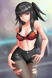 Rule 34 | 1girl, black hair, bra, breasts, cleavage, fire emblem, highres, jackary, nintendo, pantyhose, shorts, solo, tagme, tharja (fire emblem), torn clothes, underwear
