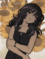 Rule 34 | 1girl, absurdres, black hair, collarbone, commentary, dark-skinned female, dark skin, dress, empty eyes, expressionless, floral background, flower, full-length zipper, half-closed eyes, highres, holding own arm, light frown, long hair, looking to the side, orange eyes, original, parted lips, sleeveless, sleeveless dress, solo, spaghetti strap, sunflower, symbol-only commentary, turning head, upper body, watch, wavy hair, wristwatch, yellow flower, zinbei, zipper, zipper pull tab