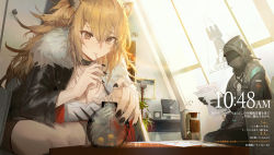Rule 34 | 1girl, 1other, animal ears, arknights, black choker, black coat, black jacket, black nails, blonde hair, breasts, brown eyes, candy, choker, cleavage, closed mouth, coat, day, doctor (arknights), donkey, fingernails, food, hair between eyes, highres, holding, holding paper, indoors, jacket, jar, kuroduki (pieat), large breasts, lion ears, lion girl, lollipop, long fingernails, long hair, long sleeves, mask, monitor, nail polish, open clothes, open jacket, paper, photo (object), photo inset, reading, rhodes island logo (arknights), shirt, siege (arknights), sitting, smile, sunlight, sweatdrop, table, timestamp, translation request, white shirt, window