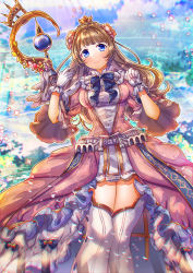 Rule 34 | 1girl, blonde hair, blue eyes, boots, breasts, chateau de chenonceau (oshiro project), crown, dress, flower, gloves, hair flower, hair ornament, long hair, oshiro project:re, oshiro project:re, ribbon, solo, staff, suou sakura, thigh boots, thighhighs