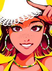 Rule 34 | 1girl, blunt ends, brown hair, earrings, freckles, green nails, hand up, highres, index finger raised, jewelry, looking at viewer, minillustration, nail polish, necklace, original, parted lips, portrait, shadow, short hair, simple background, smile, solo, white headwear, yellow background