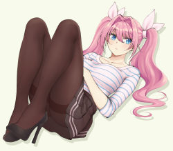 Rule 34 | 1girl, black footwear, blue eyes, blush, breasts, brown pantyhose, brown skirt, copyright request, hair between eyes, hair intakes, hair ribbon, high heels, highres, long sleeves, looking at viewer, pantyhose, pas (paxiti), pink hair, pink ribbon, pleated skirt, ribbon, shadow, shirt, simple background, skirt, solo, striped clothes, striped shirt, twintails, yellow background
