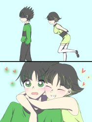 Rule 34 | 1boy, 1girl, arms around neck, black hair, blue background, blush, butch (ppg), buttercup (ppg), dress, closed eyes, green dress, green shirt, grin, heart, hug, hug from behind, powerpuff girls, shirt, short hair, smile, sneaking, spiked hair, wide-eyed