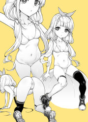 Rule 34 | 1girl, :o, all fours, ass, asymmetrical legwear, ball, bikini, boots, bow, braid, braided bangs, breasts, cleft of venus, collarbone, cropped legs, exercise ball, full body, hair bow, hairband, hisakawa nagi, idolmaster, idolmaster cinderella girls, long hair, looking at viewer, low twintails, mismatched legwear, monochrome, multiple views, mushi024, navel, sitting, small breasts, swimsuit, thighhighs, twintails, yellow background