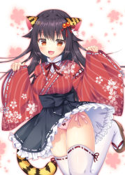 Rule 34 | 1girl, animal ears, black hair, black skirt, bow, bow panties, breasts, brown footwear, commentary request, floral background, floral print, frilled skirt, frills, fujikura ryuune, hair between eyes, japanese clothes, kimono, long hair, long sleeves, medium breasts, original, panties, pinching sleeves, pink panties, print kimono, red eyes, red kimono, ribbon-trimmed legwear, ribbon-trimmed sleeves, ribbon trim, sandals, side-tie panties, skirt, sleeves past wrists, solo, standing, standing on one leg, striped clothes, striped kimono, tail, thighhighs, tiger ears, tiger girl, tiger tail, underwear, vertical-striped clothes, vertical-striped kimono, very long hair, white background, white thighhighs, zouri