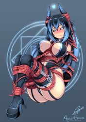 Rule 34 | 1girl, arms behind back, ass, aster-effect, bdsm, black sclera, blue eyes, blue hair, blush, bondage, boots, bound, breasts, collar, colored sclera, high heels, highres, horns, large breasts, long hair, looking at viewer, original, red rope, rope, shibari, shibari over clothes, slave, solo, tail, thigh boots, thighhighs