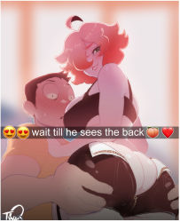 Rule 34 | 1boy, 1girl, antenna hair, ass, ass grab, blonde hair, borrowed character, breasts, english text, girl on top, grabbing another&#039;s ass, groping, hetero, looking back, nyantcha, original, partially unzipped, shorts, smirk, snapchat, straddling, upright straddle, zipper