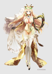 Rule 34 | 1girl, animal ears, animal print, blonde hair, blush, breasts, cleavage, cleavage cutout, clothes lift, clothing cutout, elbow gloves, full body, giraffe ears, giraffe horns, giraffe print, gloves, green eyes, grey background, harp, head wreath, highres, horns, instrument, large breasts, leotard, lifted by self, long hair, looking at viewer, mafuyu (kanden shoujyo), official art, red: pride of eden, see-through, skirt, skirt lift, smile, solo, thighhighs, veil, white leotard, white thighhighs