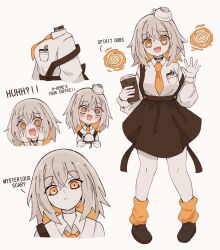 Rule 34 | 1girl, @ @, absurdres, blush, breasts, brown skirt, coffee cup hair ornament, collar, collared shirt, commentary, cropped torso, cup, dot nose, english text, fangs, full body, grey hair, hair between eyes, head tilt, highres, holding, holding cup, long sleeves, looking at viewer, medium breasts, medium hair, melonbread, multiple views, open mouth, original, pocket, scar, scar on neck, shirt, simple background, skirt, straight-on, talking, white background, white shirt, wing collar, yellow eyes