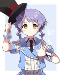 Rule 34 | 1girl, black hat, black necktie, blue background, blue bow, blue jacket, border, bow, buttons, checkered clothes, commentary, dot nose, future signature (idolmaster), hair bow, hands up, hat, highres, idolmaster, idolmaster million live!, idolmaster million live! theater days, jacket, light blush, looking at viewer, makabe mizuki, necktie, purple hair, short hair, short sleeves, sidelocks, smile, solo, symbol-only commentary, thumbs up, top hat, toro (shiro), upper body, v-shaped eyebrows, wavy hair, white border, wing collar, wrist cuffs, yellow eyes