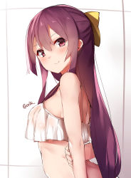 Rule 34 | 10s, 1girl, arms behind back, blush, bow, commentary request, crop top, crop top overhang, from side, hair bow, kamikaze (kancolle), kantai collection, long hair, looking at viewer, looking back, orihi chihiro, purple eyes, purple hair, smile, solo, swimsuit, twitter username, upper body, white background
