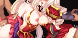 Rule 34 | 2boys, 2girls, arm grab, arm held back, ashe (league of legends), bare shoulders, bisexual female, black background, blonde hair, blush, breasts, clothed female nude male, clothed sex, cum, drill, gold trim, head out of frame, heartseeker ashe, holding own arm, juliet sleeves, kiss, lactation, large breasts, league of legends, lipstick, long hair, long sleeves, makeup, multiple boys, multiple girls, nipples, no panties, nude, open mouth, pd (pdpdlv1), puffy sleeves, saliva, sex, shirt, simple background, smile, sona (league of legends), sweat, sweetheart sona, tongue, tongue out, very long hair, white hair
