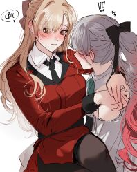 Rule 34 | !, !!, 2girls, arms around neck, black bow, black necktie, black pantyhose, blonde hair, blush, bow, brown eyes, carrying, collared shirt, commentary, dress, female commander (girls&#039; frontline), fresa pie, girls&#039; frontline, gradient hair, grey hair, hair bow, hand on another&#039;s shoulder, highres, long hair, lwmmg (girls&#039; frontline), multicolored hair, multiple girls, necktie, off-shoulder dress, off shoulder, pantyhose, parted lips, pink hair, ponytail, princess carry, shirt, simple background, spoken squiggle, squiggle, white background, white dress, white shirt, yuri