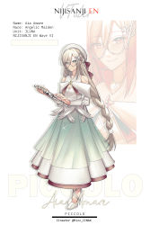 Rule 34 | 1girl, absurdres, aia amare, alternate costume, aqua eyes, artist name, beret, braid, breasts, character name, cleavage, cleavage cutout, clothing cutout, copyright name, dress, fortissimo, full body, glasses, green skirt, grey hair, hair ornament, hat, high heels, highres, holding, holding instrument, instrument, jewelry, long hair, looking at viewer, medium breasts, musical note, musical note hair ornament, necklace, nijisanji, nijisanji en, piccolo (instrument), round eyewear, semi-rimless eyewear, shoulder cutout, skirt, smile, solo, twitter username, very long hair, virtual youtuber, white dress, white hat, yoshiko (rizz cinax), zoom layer