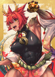 Rule 34 | 1girl, abs, animal ears, breasts, chinese new year, chinese text, claws, dragon girl, dragon horns, dragon tail, fangs, flower, highres, horns, large breasts, leotard, mikel (4hands), muscular, muscular female, original, robe, rope belt, scales, solo, tail, tattoo, thick thighs, thighs, turtleneck, yellow eyes