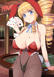 Rule 34 | 1girl, absurdres, animal ears, blonde hair, blue eyes, blunt bangs, blush, breasts, card, cleavage, closed mouth, detached collar, drill hair, ear piercing, earrings, fishnet pantyhose, fishnet thighhighs, fishnets, highres, holding, holding card, huge breasts, indoors, jewelry, leotard, long hair, looking at viewer, mole, mole under eye, navel, original, pantyhose, piercing, playboy bunny, playing card, poker table, rabbit ears, rabbit tail, red leotard, sagging breasts, sakamata (sakamata4), smile, solo, standing, table, tail, thighhighs, v-shaped eyebrows, wrist cuffs