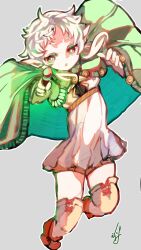 Rule 34 | 1girl, cloak, dress, eguma (eggmayo100), elf, flat chest, glowing, glowing weapon, green cloak, grey background, highres, holding, holding wand, jumping, looking at viewer, mushoku tensei, open mouth, pointy ears, red eyes, short hair, signature, simple background, skindentation, solo, sylphiette (mushoku tensei), wand, weapon, white dress, white hair