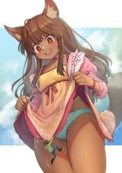Rule 34 | 1boy, 1girl, animal ear fluff, animal ears, blue panties, blush, brown eyes, brown hair, choker, clothes lift, commission, dark skin, dress, dress lift, giant, giantess, highres, long hair, looking down, mitake eil, open mouth, original, panties, size difference, tail, underwear, wolf ears, wolf tail