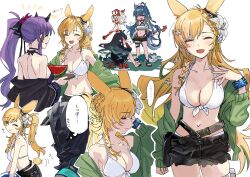 Rule 34 | ..., 1other, 5girls, :d, ?, absurdres, alternate costume, alternate hairstyle, animal ears, animalization, arknights, bikini, bikini top only, black shorts, blonde hair, braid, breasts, cleavage, closed eyes, commentary request, creature, doctor (arknights), dusk (arknights), flower, food, fruit, green hair, green jacket, hair flower, hair ornament, hibiscus (arknights), hibiscus the purifier (arknights), highres, infection monitor (arknights), jacket, kroos (arknights), kroos the keen glint (arknights), large breasts, ling (arknights), multicolored hair, multiple girls, multiple views, nian (arknights), notice lines, open clothes, open jacket, open mouth, ponytail, purple hair, rabbit ears, rabbit tail, short shorts, shorts, side ponytail, simple background, smile, speech bubble, spoken ellipsis, swimsuit, tail, translated, two-tone hair, watermelon, watermelon slice, white background, white bikini, wristband, yomosaka