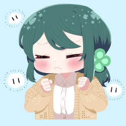Rule 34 | 1girl, blue background, blush, brown sweater, chibi, clenched hands, clover hair ornament, facing viewer, frown, green hair, hair ornament, highres, indie virtual youtuber, long hair, long sleeves, shirt, simple background, sumi suya, sunao na kapipara, sweater, upper body, virtual youtuber, white shirt