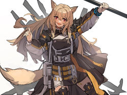 Rule 34 | 1girl, :d, animal ears, arknights, arm up, armor, axe, blush, breasts, brown coat, brown dress, brown hair, brown thighhighs, ceobe (arknights), coat, commentary, cowboy shot, dog ears, dog tail, dress, floating hair, hair between eyes, highres, holding, holding weapon, infection monitor (arknights), long hair, looking at viewer, material growth, medium breasts, open mouth, oripathy lesion (arknights), red eyes, shoulder armor, simple background, smile, solo, strap, tail, thighhighs, weapon, weapon on back, white background, yurooe, zettai ryouiki