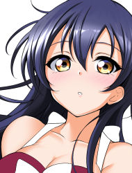 Rule 34 | 1girl, :o, artist name, artist request, bikini, blue hair, blush, breasts, cleavage, collarbone, female focus, hair between eyes, hair over shoulder, kirisaki reina, long hair, looking at viewer, love live!, love live! school idol project, medium breasts, parted lips, red bikini, smile, solo, sonoda umi, swimsuit, upper body, white background, yellow eyes