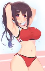 Rule 34 | 1girl, absurdres, armpits, arms behind head, arms up, bare arms, bare shoulders, black hair, blush, breasts, buruma, cleavage, commentary request, commission, groin, hair between eyes, hair ornament, hairclip, highres, kagerou (shadowmage), large breasts, long hair, looking at viewer, navel, original, parted lips, pixiv commission, ponytail, red buruma, red eyes, sidelocks, solo, very long hair