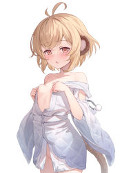 Rule 34 | 1girl, ahoge, andira (granblue fantasy), animal ears, bare shoulders, blonde hair, breast press, breasts, collarbone, granblue fantasy, highres, japanese clothes, kimblee, kimono, looking at viewer, monkey ears, monkey girl, monkey tail, red eyes, short hair, simple background, small breasts, solo, tail, white background, white kimono