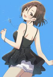 Rule 34 | 1girl, back, bare shoulders, black dress, blue background, blush, bracelet, breasts, brown eyes, brown hair, cowboy shot, dot nose, dress, emu (emum), from behind, glint, hand up, highres, idolmaster, idolmaster cinderella girls, idolmaster cinderella girls starlight stage, jewelry, looking at viewer, looking back, medium breasts, mizuki seira, necklace, open mouth, short hair, shorts, simple background, sleeveless, sleeveless dress, smile, solo, white shorts
