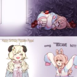 Rule 34 | 2girls, absurdres, ahoge, animal ears, arms up, black horns, blonde hair, closed eyes, closed mouth, english text, h@nk, hair ornament, hairclip, happy birthday, highres, hololive, horns, jacket, long hair, lying, meme, multiple girls, omg kitty hi!!! (meme), on side, open mouth, phase connect, pink hair, pipkin pippa, pipkin pippa (1st costume), rabbit ears, rabbit girl, sheep ears, sheep girl, sheep horns, sleeves past fingers, sleeves past wrists, slippers, smile, tsunomaki watame, virtual youtuber