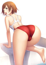 Rule 34 | 1girl, ass, back, brown eyes, brown hair, climbing, competition swimsuit, copyright request, fat mons, highres, kuri (kurigohan), looking back, one-piece swimsuit, open mouth, shiny clothes, shiny skin, short hair, simple background, soles, solo, swimsuit, thighs, toes, trefoil, wet