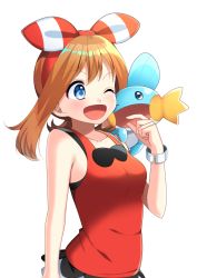 Rule 34 | 1girl, ;d, bad id, bad pixiv id, blue eyes, blush, brown hair, creatures (company), game freak, gen 3 pokemon, hairband, highres, looking at another, may (pokemon), may (pokemon oras), mudkip, nintendo, one eye closed, open mouth, pokemon, pokemon (creature), pokemon oras, short hair, simple background, smile, white background, yuihico