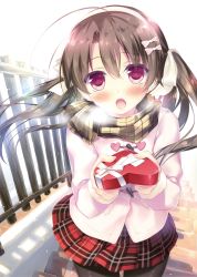 Rule 34 | 1girl, absurdres, black pantyhose, bow, brown hair, floating hair, hair between eyes, hair bow, hair ribbon, heart, highres, long hair, looking at viewer, motomiya mitsuki, open mouth, original, outdoors, pantyhose, pink bow, pink eyes, pleated skirt, ribbon, scarf, skirt, solo, stairs, steam, twintails, white ribbon