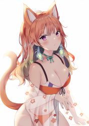 Rule 34 | 1girl, :t, animal ear fluff, animal ears, anyuu, bare shoulders, bikini, blush, bow, breasts, brown bikini, brown hair, brown nails, cat ears, cat girl, cat tail, choker, cleavage, closed mouth, commentary request, earrings, floral print, front-tie bikini top, front-tie top, gradient hair, green bow, green hair, green ribbon, hair between eyes, highres, hololive, hololive english, jewelry, kemonomimi mode, long hair, long sleeves, looking at viewer, medium breasts, multicolored hair, nail polish, pout, purple eyes, ribbon, ribbon choker, see-through, solo, swimsuit, tail, tail raised, takanashi kiara, virtual youtuber, wide sleeves