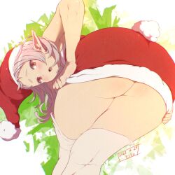 Rule 34 | 1girl, artist name, ass, ass focus, bare arms, blush, christmas, dated, dress, dress tug, elf, fake tail, from behind, fur-trimmed dress, fur-trimmed headwear, fur trim, hat, highres, huge ass, kiyo (a sam ko), leaning forward, looking at viewer, mushoku tensei, no panties, open mouth, parted bangs, pointy ears, rabbit tail, red dress, red eyes, santa costume, santa hat, short dress, solo, strapless, strapless dress, sylphiette (mushoku tensei), tail, thick thighs, thighhighs, thighs, white hair, white tail, white thighhighs
