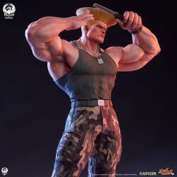 Rule 34 | belt, blonde hair, brushing hair, camouflage, camouflage pants, comb, dog tags, figure, guile, muscular, muscular male, pants, photo (medium), serious, simple background, standing, street fighter, tank top, watch, wristwatch