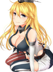 Rule 34 | 10s, 1girl, asymmetrical legwear, bare shoulders, belt, blonde hair, blue eyes, breasts, cleavage, elbow gloves, front-tie top, garter straps, gloves, hair between eyes, headgear, highres, iowa (kancolle), kantai collection, large breasts, long hair, looking at viewer, miniskirt, mismatched legwear, rokukatamari, sitting, skirt, smile, solo, star-shaped pupils, star (symbol), striped clothes, striped skirt, striped thighhighs, symbol-shaped pupils, thighhighs, vertical-striped clothes, vertical-striped skirt, vertical-striped thighhighs, zettai ryouiki