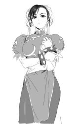 Rule 34 | 1girl, asymmetrical bangs, bracelet, breasts, bun cover, capcom, china dress, chinese clothes, chun-li, closed mouth, contrapposto, cowboy shot, double bun, dress, greyscale, hair bun, highres, holding own arm, jewelry, kona ming, large breasts, looking at viewer, monochrome, pantyhose, pelvic curtain, puffy short sleeves, puffy sleeves, short sleeves, sideways mouth, simple background, solo, spiked bracelet, spikes, straight-on, street fighter, white background