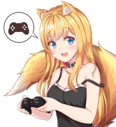 Rule 34 | 1girl, absurdres, animal ear fluff, animal ears, black tank top, blonde hair, blush, breasts, cleavage, collar, commentary, controller, fox ears, fox girl, fox tail, highres, holding, holding controller, loose, medium breasts, open mouth, original, purple eyes, smile, solo, speech bubble, strap slip, tail, tank top, yoga (29985496)