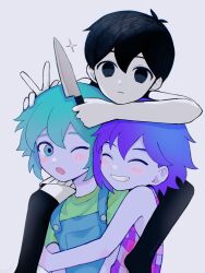 Rule 34 | 0tz026, 3boys, basil (headspace) (omori), basil (omori), black eyes, black hair, black tank top, black thighhighs, blue overalls, closed eyes, closed mouth, colored skin, expressionless, flower, green eyes, green hair, green shirt, grin, head wreath, highres, holding, holding knife, kel (headspace) (omori), kel (omori), knife, looking at another, looking at viewer, multiple boys, omori, omori (omori), one eye closed, open mouth, overalls, parted lips, purple hair, shirt, short hair, short sleeves, simple background, smile, tank top, teeth, thighhighs, white background, white skin