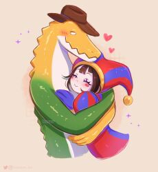 Rule 34 | 1boy, 1girl, blue bodysuit, blue gloves, blue hat, blush, blush stickers, bodysuit, bright pupils, brown background, brown hair, brown hat, closed eyes, closed mouth, colored skin, crocodile boy, cropped legs, gloves, green skin, gummigoo, hat, heart, highres, hug, jester, jester cap, leaning on person, multicolored bodysuit, multicolored clothes, multicolored hat, multicolored skin, pomni (the amazing digital circus), puffy short sleeves, puffy sleeves, red bodysuit, red hat, short sleeves, simple background, smile, solid oval eyes, sparkle, strawbee fox, the amazing digital circus, white pupils, white skin, yellow skin