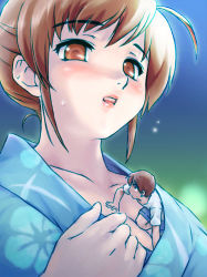 Rule 34 | 1boy, 1girl, blush, breasts, brown eyes, brown hair, cleavage, giant, giantess, japanese clothes, kimono, lipstick, lowres, makeup, mini person, miniboy, size difference, teston, tinyman, under another&#039;s clothes, yukata