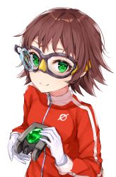 Rule 34 | 1girl, black cola, breasts, brown hair, closed mouth, gloves, goggles, green eyes, highres, holding, jacket, long hair, long sleeves, looking at viewer, original, red jacket, simple background, small breasts, smile, solo, track jacket, white background, white gloves