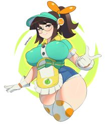 Rule 34 | 1girl, apron, artist name, bad id, bad twitter id, bow, breasts, brown eyes, brown hair, cowboy shot, cropped legs, employee uniform, glasses, gloves, hair ornament, half-closed eyes, hat, highres, honeydew mei, large breasts, long hair, mei (overwatch), overwatch, overwatch 1, ponytail, postblue98, short shorts, short sleeves, shorts, solo, thick thighs, thighhighs, thighs, twitter username, uniform, visor cap